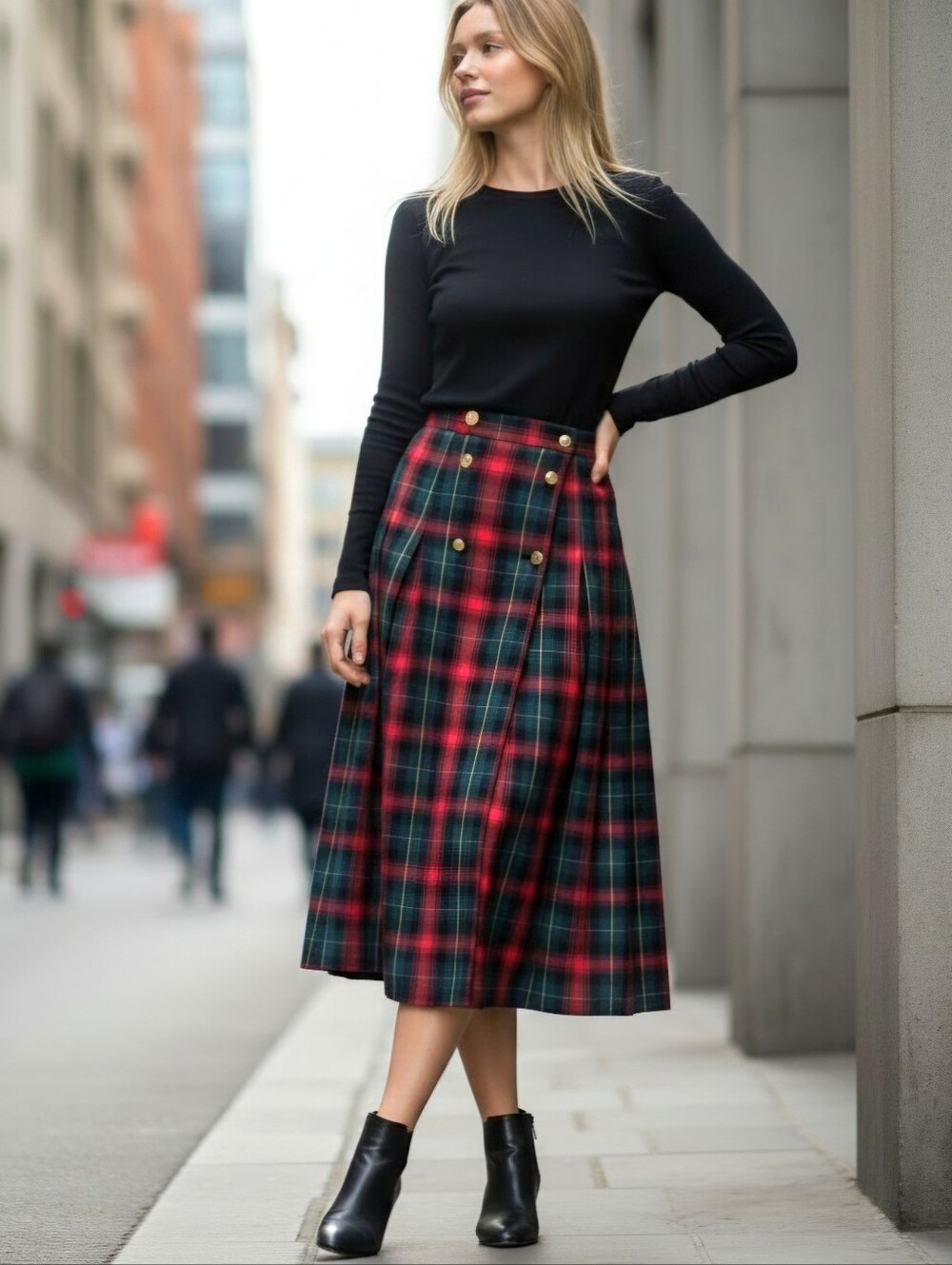 Vtg Preston & York Wool Wrap Skirt Sz 14 Plaid Tartan Gold Button Midi Unlined
